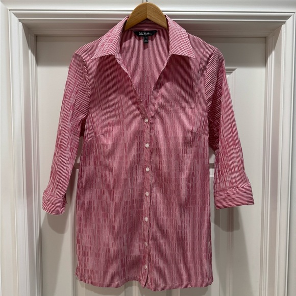 ULLA POPKEN Textured Stripe Button Front Stretch Blouse Sz 12/14 Magnolia Red - Picture 5 of 14